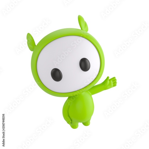 Cute 3D render Green Little Monster character looking up at the camera while gesturing to the side with one hand, friendly and welcoming pose, isolated on white background.