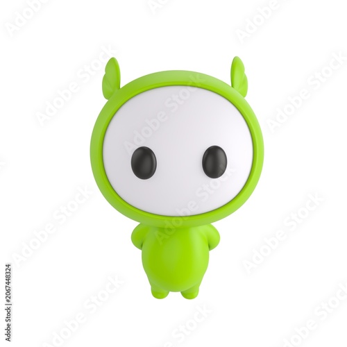 Cute 3D render Green Little Monster character standing with hands behind the back, looking up at the camera with a calm and polite pose, isolated on white background.