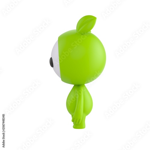 Cute 3D render Green Little Monster character standing sideways to the camera with arms resting naturally by the body, calm neutral pose, isolated on white background.