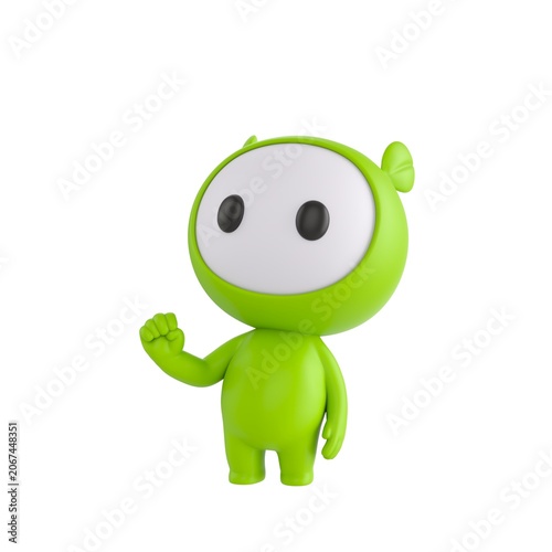 Cute 3D render Green Little Monster character raising one fist with confidence, head held high and looking upward, strong and determined pose, isolated on white background.