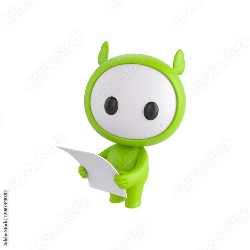 Cute 3D render Green Little Monster character standing and holding a sheet of paper, looking up toward the camera with an attentive and thoughtful expression, isolated on white background.