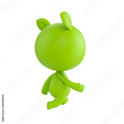 Cute 3D render Green Little Monster character walking away with its back turned to the camera, gentle departure pose, isolated on white background.