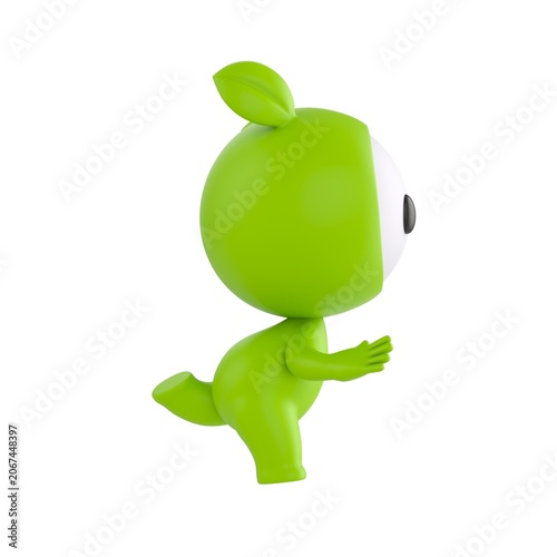 Cute 3D render Green Little Monster character stumbling and about to fall while running, side view to the camera, playful and dynamic motion pose, isolated on white background.