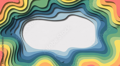 Vibrant abstract graphic design with multicolored wavy lines and a central white space on a colorful background.