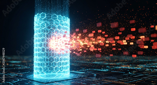 Glowing blue cylindrical structure with hexagonal pattern and bright core emitting light particles against dark background with orange squares.