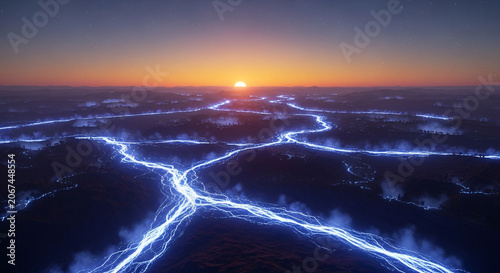 Aerial view of glowing blue lightning illuminating a dark landscape with clouds at sunset or sunrise with a warm orange sky.