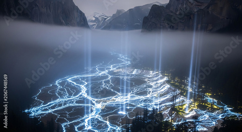 A futuristic glowing blue circuit board-like structure illuminated with bright lights on a rocky shore with foggy mountains in the background.