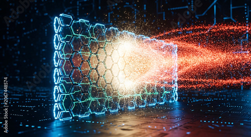 Nanotube structure emitting bright light beams against a dark digital background with a futuristic ambiance.