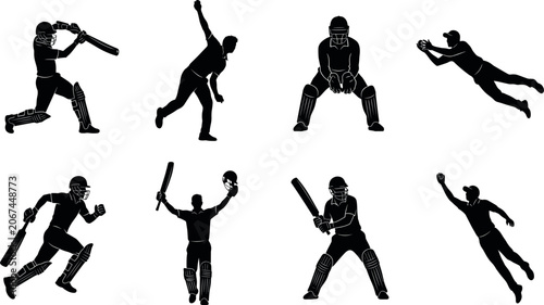 Obraz na plátně Set of cricket player silhouettes showing various actions like batting bowling a