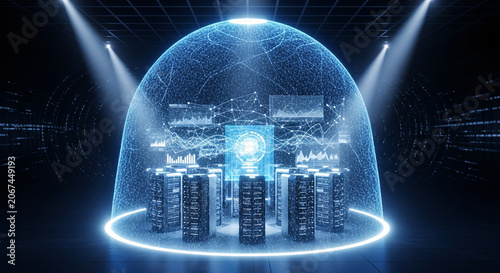 Futuristic illustration of a glowing blue dome with servers and data storage towers inside, surrounded by a ring of light on a dark background with spotlights.