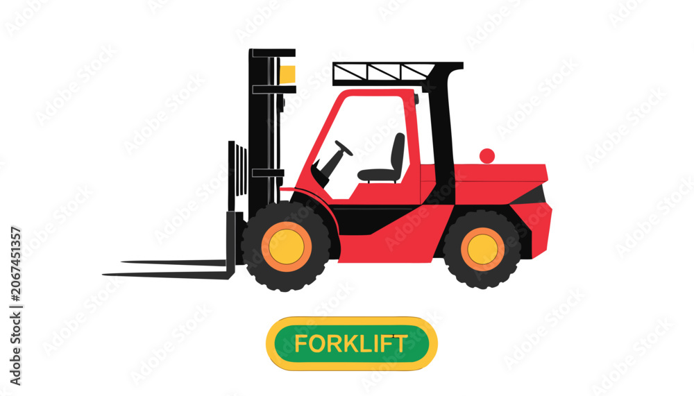 Naklejka premium Very beautiful realistic vector illustration of a FORKLIFT featuring detailed lifting forks and warehouse machinery styling, isolated on white background, with a label reading 