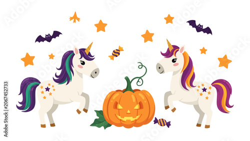 Photos Spooky Unicorn Halloween Party: Two whimsical unicorns flank a carved jack-o'-lantern, surrounded by candy, stars, and bats, creating a festive and magical Halloween scene for children