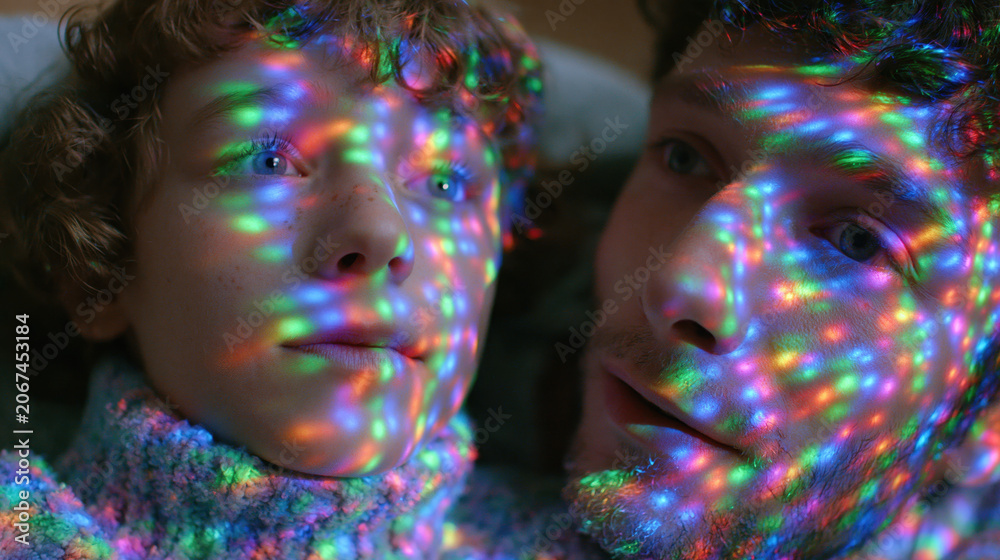 Fototapeta premium Vivid Rainbow Light Portrait of Child and Adult Sharing a Joyful Learning Moment