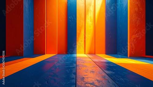 Colorful orange and blue abstract studio stage with vertical columns and floor