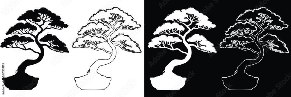 Obraz premium Traditional Japanese bonsai tree in a pot vector silhouette and line art outline variations
