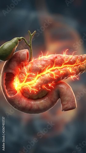 Pancreatic disease, severe inflammation of the human pancreas, painful medical condition, acute pancreatitis concept, digestive system health concern, internal organ anatomy