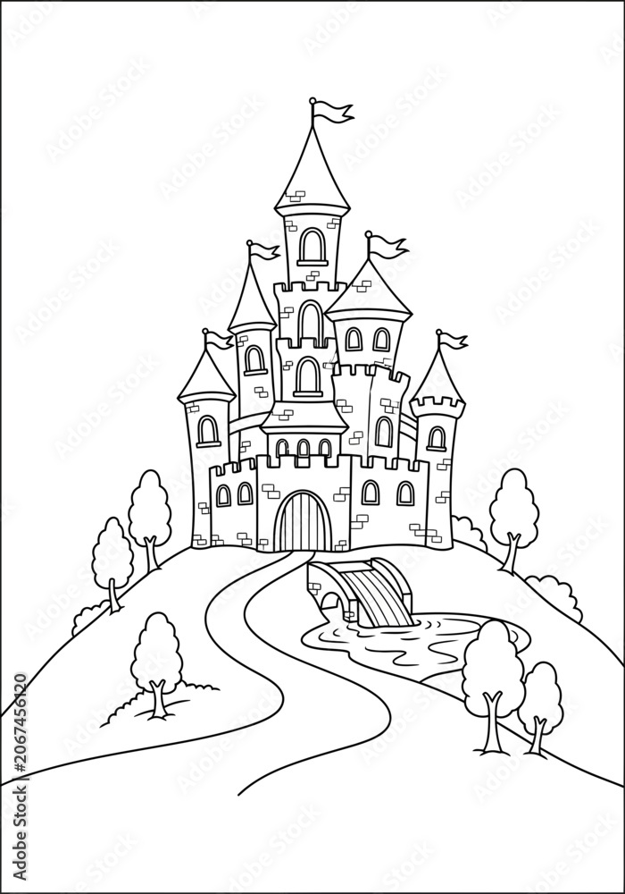 Naklejka premium Medieval fantasy castle with towers and bridge vector graphic illustration for children's coloring book