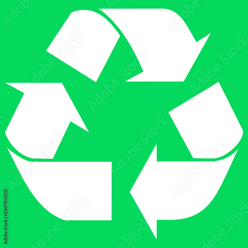 Símbolo internacional de reciclaje blanco sobre fondo verde brillante. Icono de reducción, reutilización y sostenibilidad para conceptos ecológicos y medio ambiente.