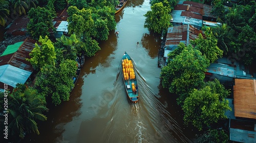 Aerial View of a Boat Carrying Yellow Goods Along a Tropical River