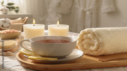 Herbal Tea and Home Spa Setup with Candles and Towels