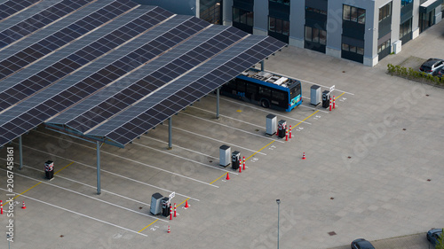 Purmerend, Netherlands - 15 June 2026: Aerial drone view of the EBS charging hub in Purmerend, zero emission buses, sustainable public transport infrastructure.