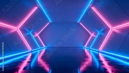 Neon light corridor with geometric design