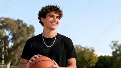Young man holding basketball outdoors
