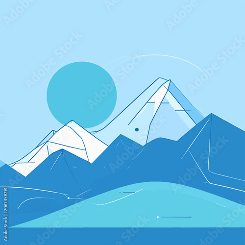 A minimalist illustration of blue-toned mountains under a large teal sun