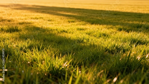 Sunlit grass with dew in a field