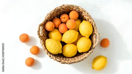 Basket of lemons and apricots on white