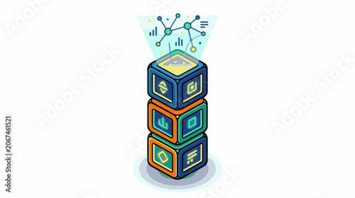 Colorful stacked blocks with various icons and a network graphic