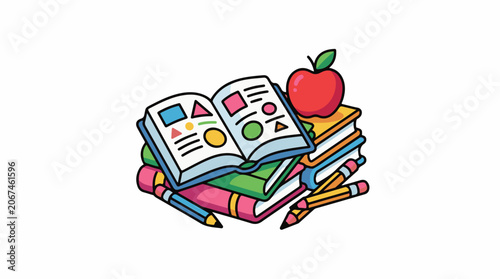 A stack of colorful books with an open book on top, featuring geometric shapes, surrounded by pencils and a red apple