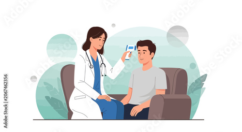 Medical Professional Checking Temperature of Patient via Infrared Thermometer Illustration