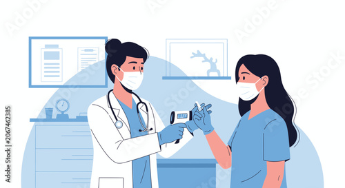 Medical Professional Checking Temperature of Patient with Infrared Thermometer in Clinic or Office