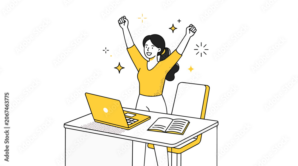 Fototapeta premium Successful female student celebrating victory in minimalist line art vector style for online education platforms