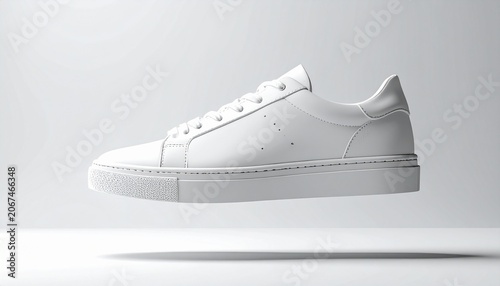 A white leather low-top sneaker floats in mid-air on a clean background showcasing its laces and design and sole with a single stitching detail.