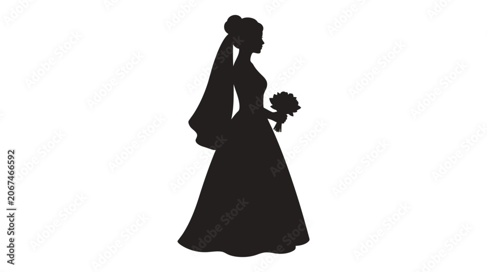 Fototapeta premium Bride In Wedding Dress Silhouette Against White Background