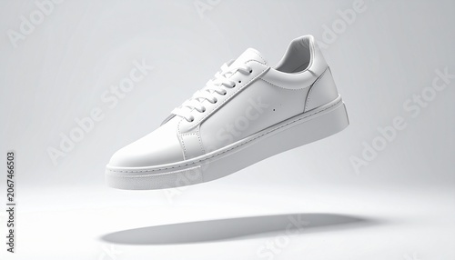 A white sneaker is jumping up in the studio with  with a clean shoes'
description=
