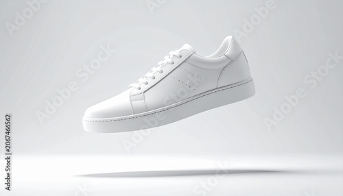A white sneaker  floating in a clean Environment with a  Product  People Sports and  Travel.