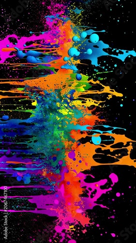 Vibrant colorful paint splashes on a black background, vertical video featuring dynamic liquid bursts, abstract motion and artistic visual effects