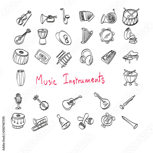 set of music instruments illustration vector sketch with black lines
