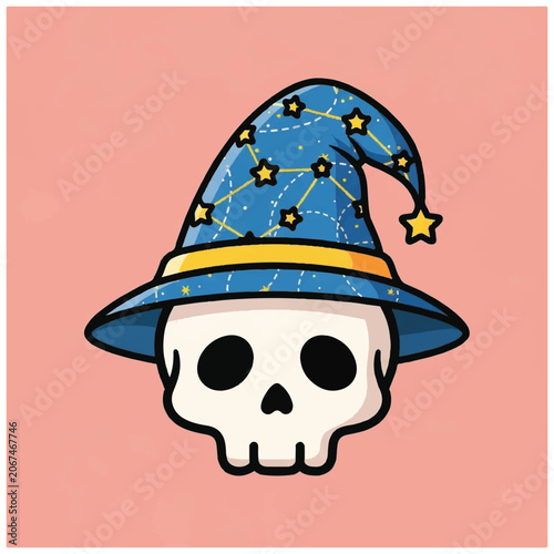 Cute Skull Wearing a Wizard Hat with Stars.