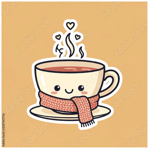 Cute Steaming Hot Drink Cup with Scarf Sticker.