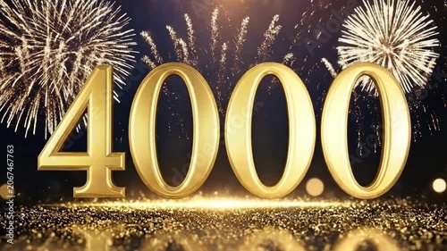Golden Number 4000 Fireworks Celebration Background. 4K Subscriber Milestone Achievement, 4000th Anniversary or Follower Goal Concept with Sparkling Gold Glitter and Festive Bokeh.
