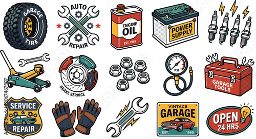 Vintage auto repair shop vector sticker set with car parts tools engine oil battery tire and garage emblems.