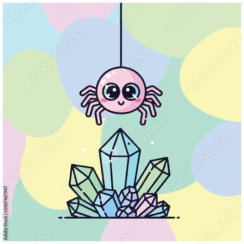 Pink Cartoon Spider Hanging Above Crystals.