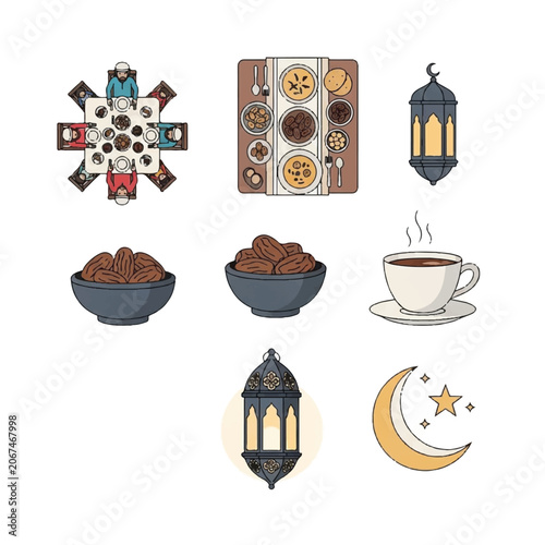 Ramadan Icons Set Featuring Dates Lanterns and Coffee.