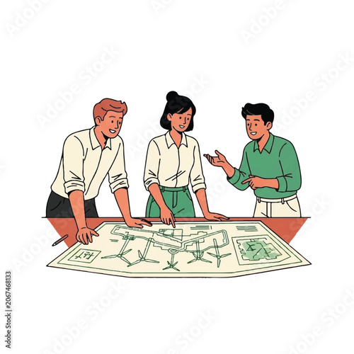 Three diverse professionals collaborating on a detailed blueprint.