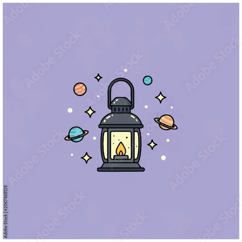 Vintage Lantern with Cosmic Elements Illustration.