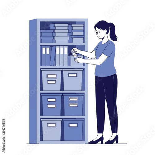Woman Organizing Office Storage Shelves.